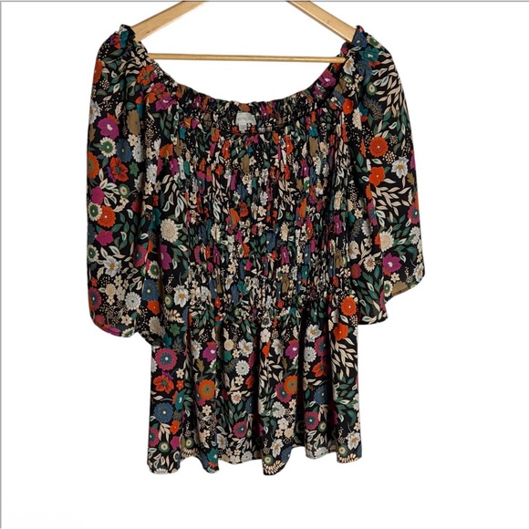 Chenault Tops - Floral Off-Shoulder Smocked Peasant Top - Black Multi size 2X
